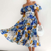 Women'S Temperament Fashion Backless Boat Neck Floral Printing Puff Sleeve Dress