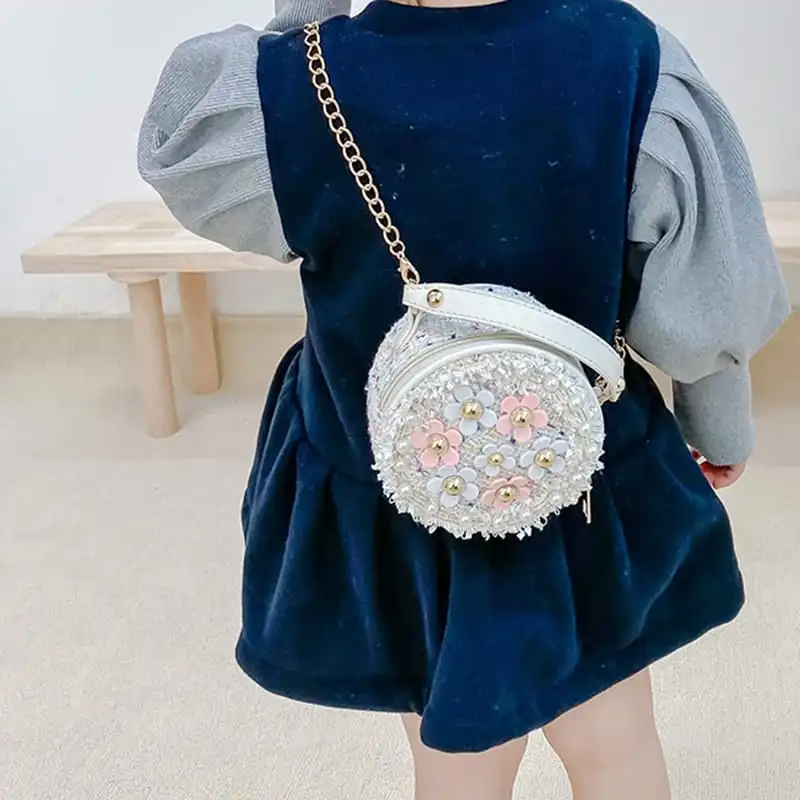 Girls Round Flower Decoration Crossbody Bag