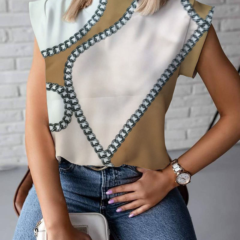 Women'S Simple Short Sleeve Stand Collar Lip Print Blouse