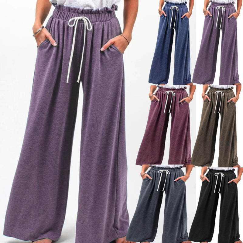 Women Fashion Casual Solid Color Drawstring Loose Pocket Trousers Wide Leg Pants