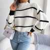 Women Fashion Casual Basic Stripe Lantern Sleeve Turtleneck Knitted Sweater