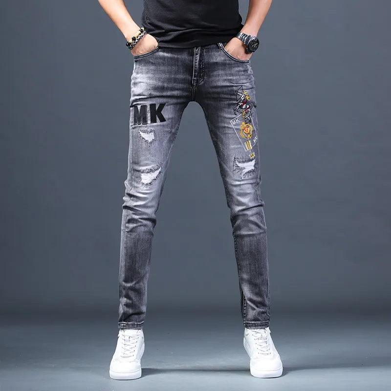 Men Retro Ripped Slim Fit Stretch Embroidered Skinny Jeans