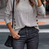 Women Casual Loose Long Sleeve Round Neck Button Top