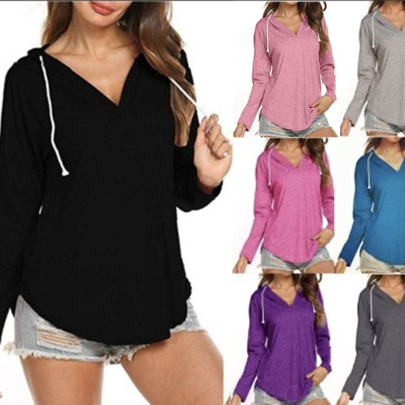 Women Casual V-Neck Plus Size Fashion Long Sleeve Top Irregular Hem Sweatshirt