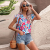 Fashion Women Summer Vacation Floral Print Double Layer Ruffled Short-Sleeved Blouse