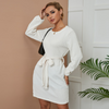 Women Office Elegant Solid Color Long Sleeve Round Neck Bandage Knitted Dress