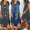 Women Casual Summer V Neck Pullover Short Sleeve Denim Dress