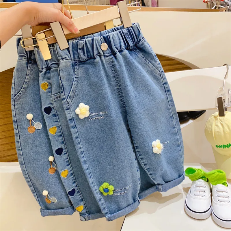 Children Kids Baby Fashion Girls Casual Embroidered Cartoon Denim Pants