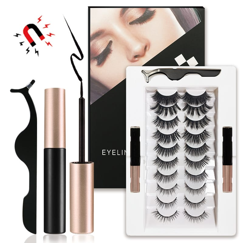 10 Pairs Mixed Magnetic False Eyelashes And Liquid Eyeliner Set