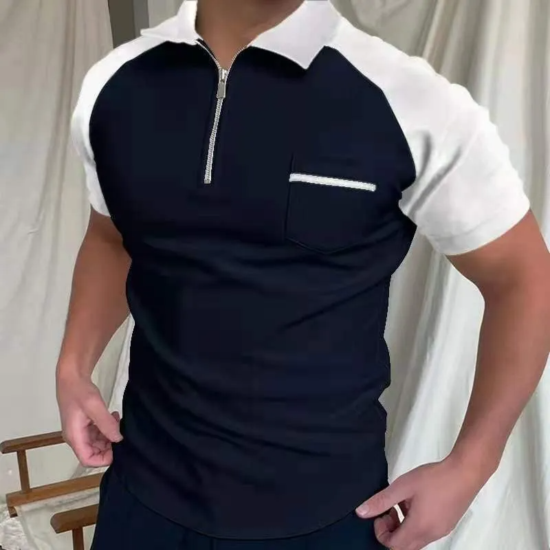 Men Fashion Colorblock Zip Lapel Striped Pocket Short Sleeve Loose Polo Shirt