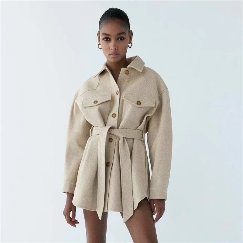 Women Casual Lapel Long-Sleeve Coat With Sash