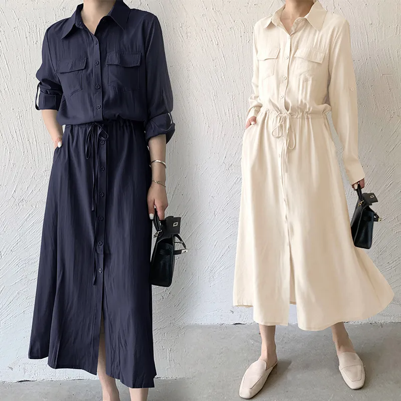 Women Ramadan /Eid Fashion Minimalist Casual Solid Color Lapel Short-Sleeve Drawstring Pocket Single-Breasted Dress