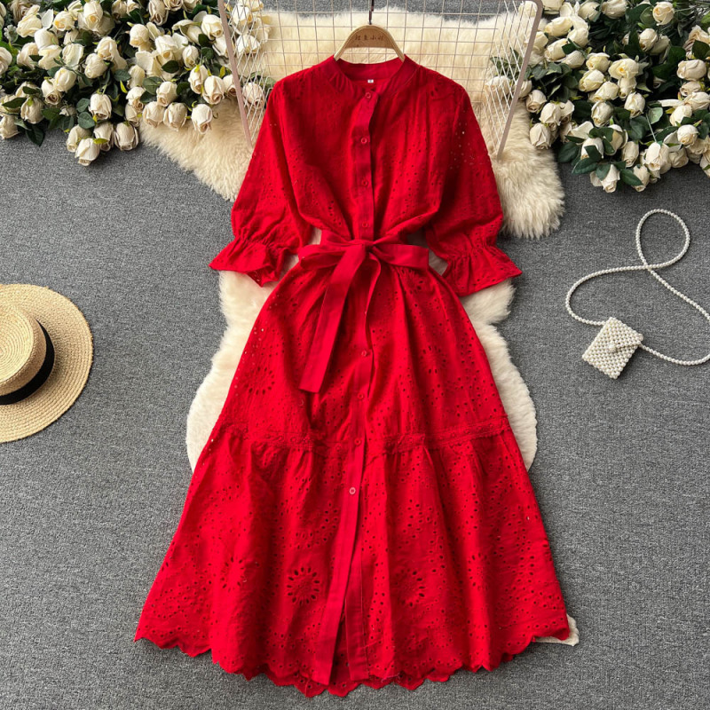 Women Elegant Boho Vacation Solid Color Embroidered Hollow Slim Cropped Sleeve Lace-Up Mid-Length Dress