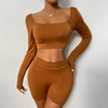 Women Athleisure Basic Long-Sleeve Square Neck Crop Top And Solid Color Shorts Two-Piece Set