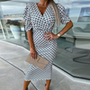 Women Fashion Elegant Printed V-Neck Surplice Puff Sleeve Midi Dress