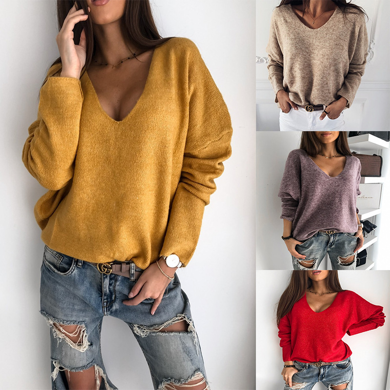 Women Fashion Casual Simple Solid Color V-Neck Pullover Knitted Sweater