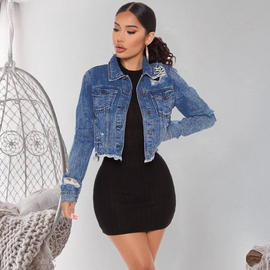 Women Personality Ripped Tassel Short Retro Long Sleeve Denim Jacket