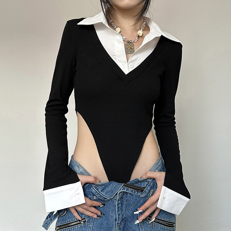 Women Fashion Lapel-Breasted Shirt Collar Flare Sleeve Hollow Back Slim Bodysuit