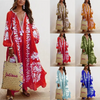 Ramadan /Eid Women Retro Loose V-Neck Long Sleeve Printed Maxi Dress