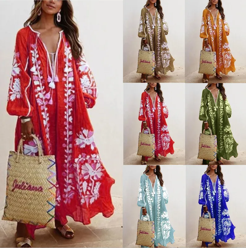 Ramadan /Eid Women Retro Loose V-Neck Long Sleeve Printed Maxi Dress