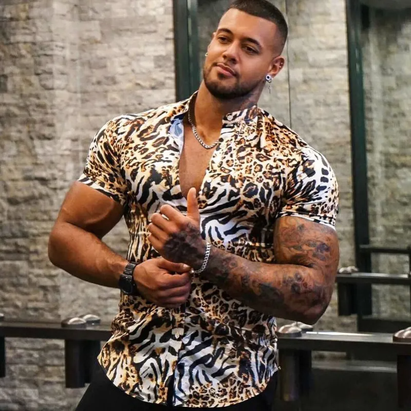 Men Casual Leopard Print Lapel Short Sleeve Slim Shirt