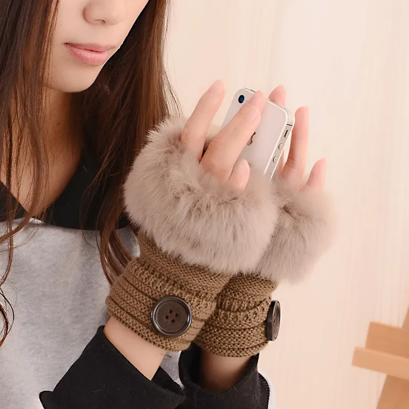 (Buy 1 Get 2) Autumn And Winter Women Fashion Knitted Button Warm Plush Half Finger Gloves