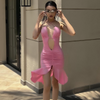 Women Fashion Sexy Solid Color Halter Neck Cut Out Ruffled Dress