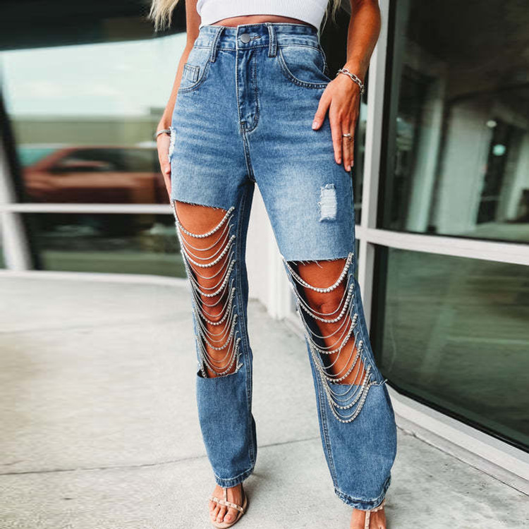 Women Fashion Street Oversized Ripped Chain Charm Straight Leg Jeans