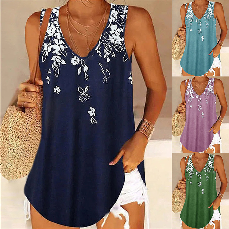 Women'S Loose V-Neck Sleeveless Floral Print Fashion Casual Top Tank