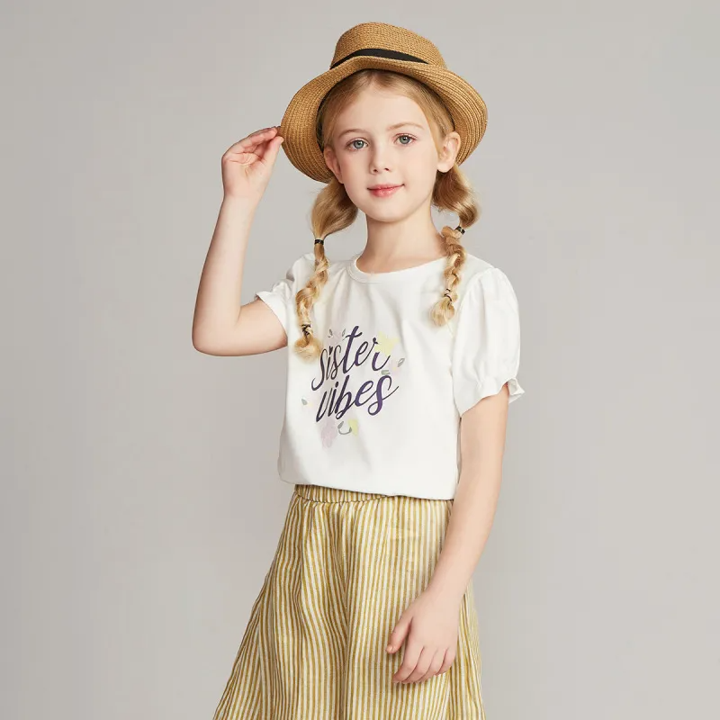 Children Kids Baby Fashion Girls Short Sleeve Flower Letter Print T-Shirt