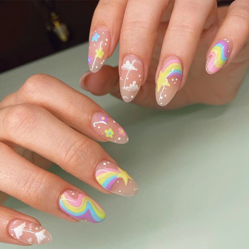( Buy 1 Get 2 ) Women Fashion Rainbow Stars White Clouds Multicolor Wearable False Nails