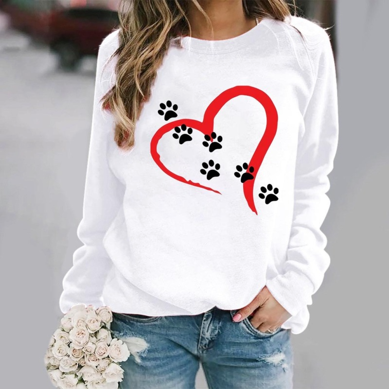 Fashion Women Casual Long Sleeves Round Neck Footprint Heart Print Sweatshirt