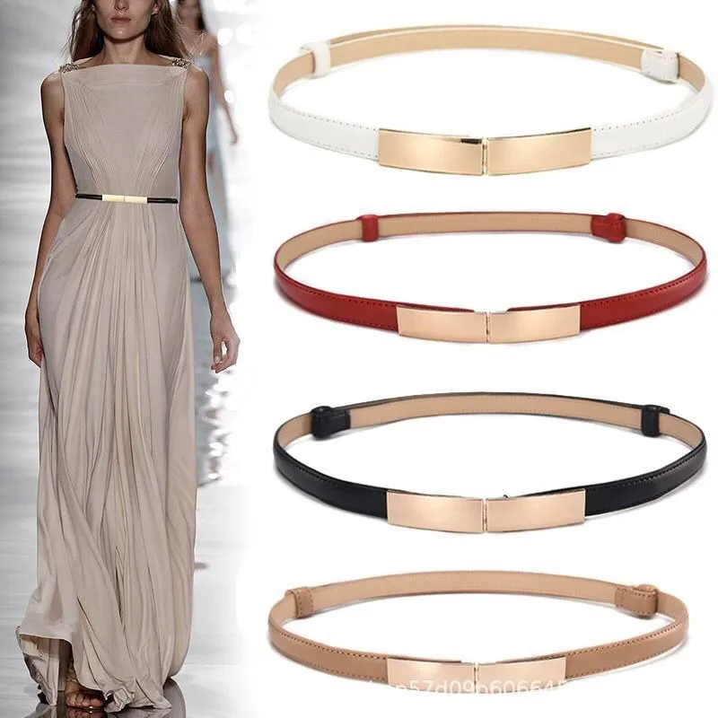 Women Thin Skinny Metal Gold Elastic Buckle Belts