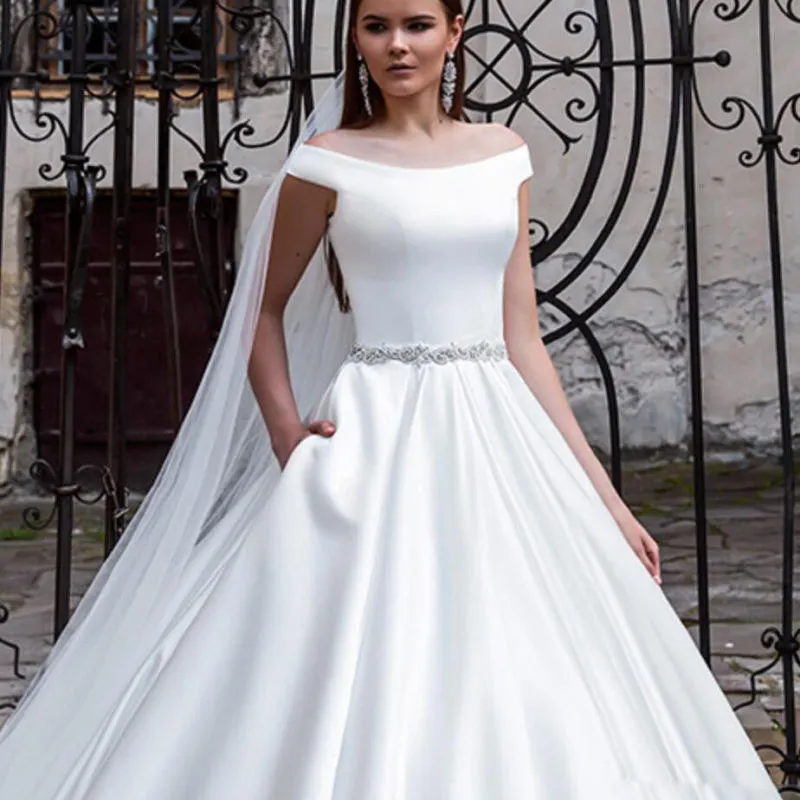 Women Elegant Solid Color Short Sleeves Off-The-Shoulder Satin Sweep Length Wedding Evening Dress