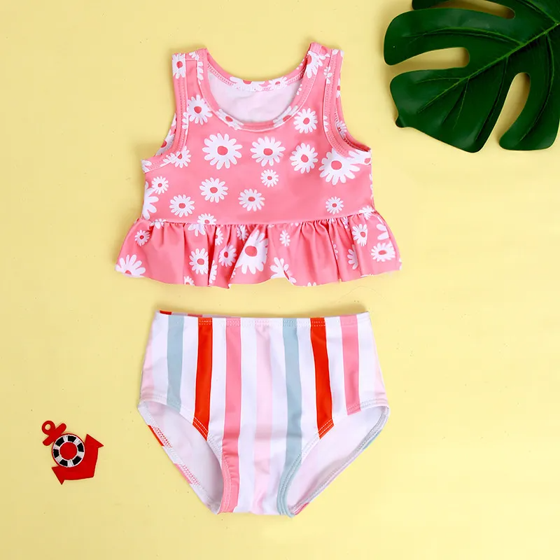 Children Kids Baby Fashion Girls Cute Daisy Flower Print Split Swimsuit 2pcs Set