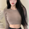 Women Casual Edgy Basic Solid Round Neck Rib-Knit Slim Long Sleeve Crop Top