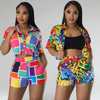 Women'S Fashion Printing Casual Lapel Single-Breasted Short Sleeve Two-Piece Set