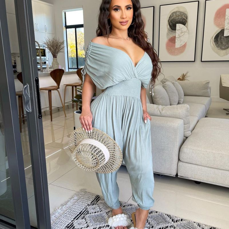 Women Solid Color V-Neck Pleated Short-Sleeved Waist Loose Casual Jumpsuit