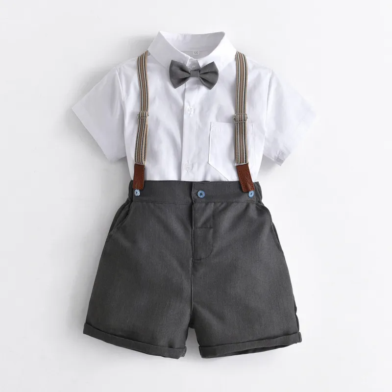 Kids Toddler Boys Summer Fashion Casual British Style Bow Solid Color Lapel Shirt Suspender Trousers Boys Party Clothing Set