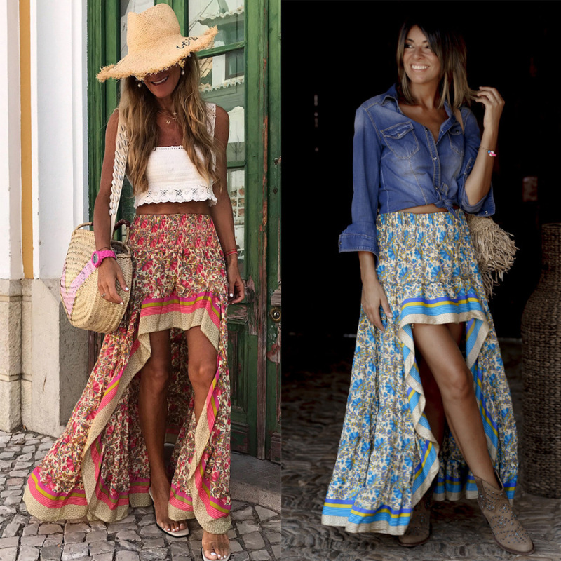 Women'S Casual Bohemian Floral Print Vacation High Waist Irregular Skirt