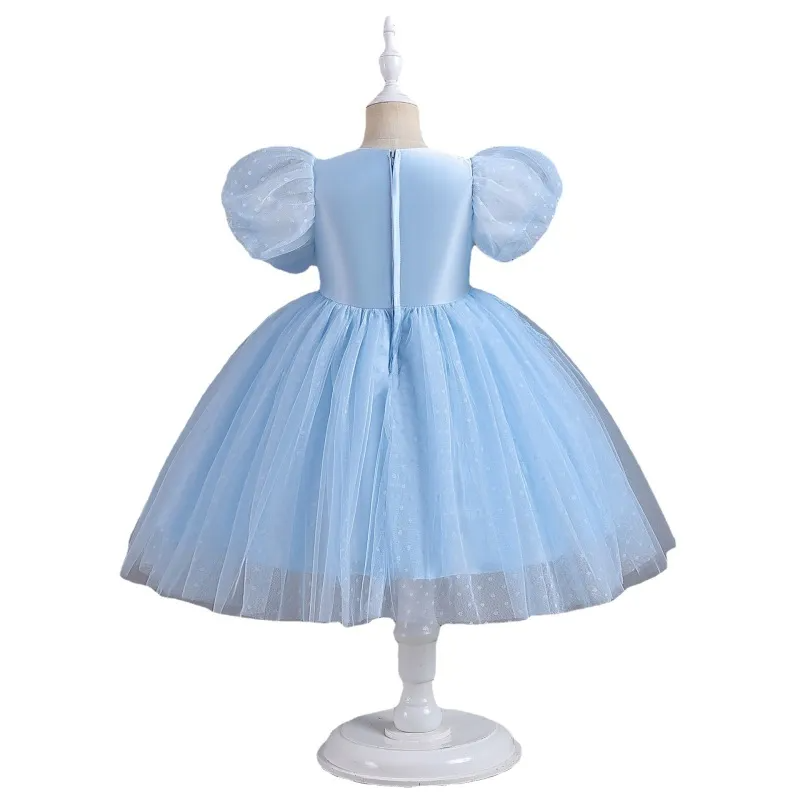 Kids Toddler Big Girls Fashion Party Cute Sweet Solid Color Pleated Puff Sleeve Mesh Party Tutu Dress