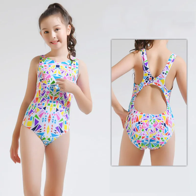 Kids Girls Geometric All Over Print Backless Cut Out One Piece Swimwear