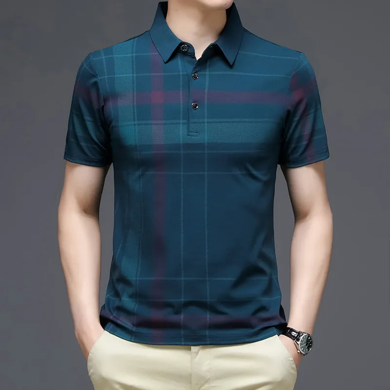 Men Fashion Casual Striped Plaid Print Lapel Short-Sleeved Loose Polo Shirt