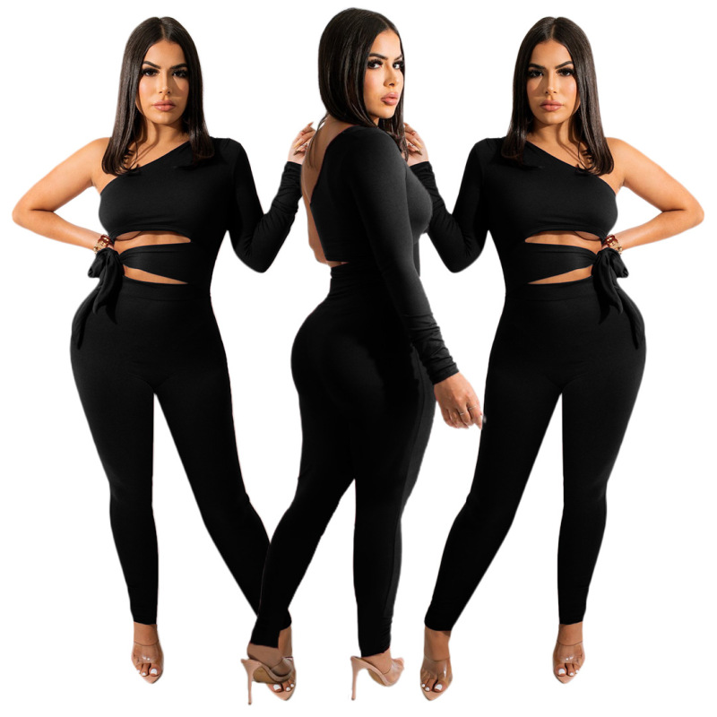 Women Solid Color One Shoulder Long Sleeve Cutout Lace-Up Top And Pants Casual Two Piece Set