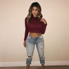 Fashion Women Basic Solid Color Round Neck Cropped Long Sleeve Tops Blouses