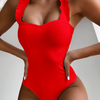 Women Fashion Solid Color Basic Ruffled Strap Tight Bodysuit