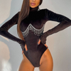 Women Summer Imitation Diamond Chain Decorated High Neck Slim Bodysuit