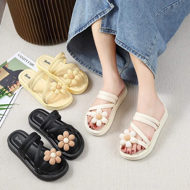 (2 pair) Women Fashion Solid Color Floral PVC Thick-Soled Round Toe Slippers