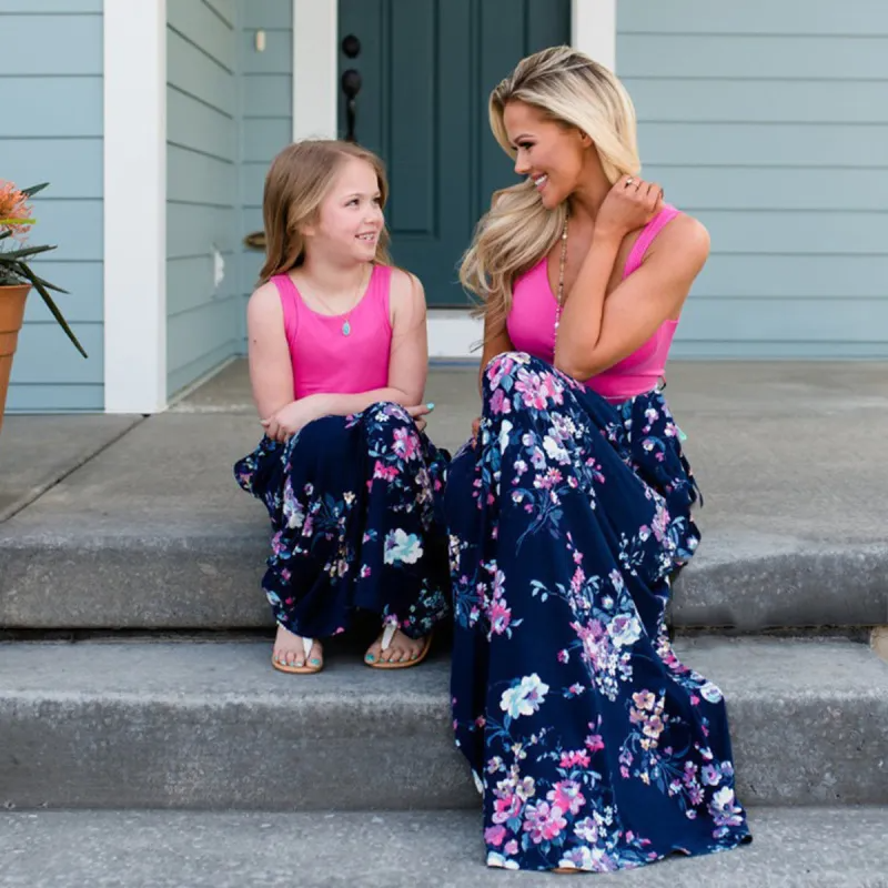 Family Summer Vacation Floral Print Mother And Daughter Splicing Maxi Dress