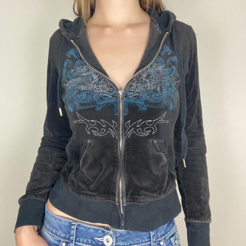 Women Autumn Winter Casual Printed Rhinestone Zipper Velvet Hoodie